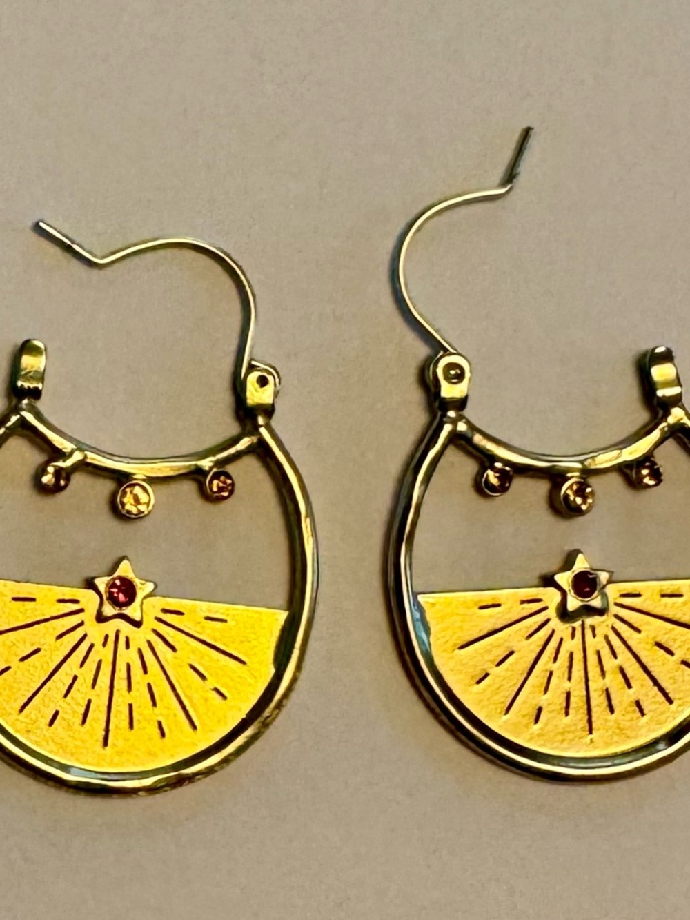 Anthropologie Celestial Star Hoop Earrings | Gold Brass Sun Ray Crystal